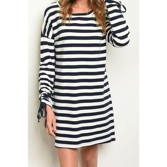 Navy Stripped Sweater Dress W Tie Sleeve - Picture 2 of 3